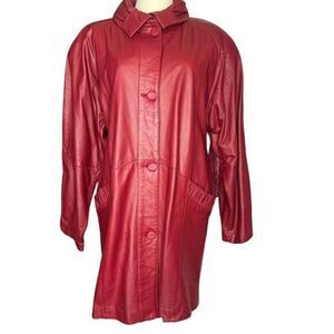 PELLE Red Leather Mid Length Jacket Fully Lined Shoulder Pads Size Medium‎